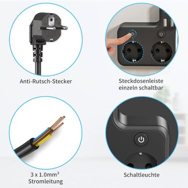 Багатофункціональна мережа з USB та вимикачем, 9 розеток, 2м кабель, кутова розетка, чорний колір, індивідуальне вмикання, для кухні та столу, монтаж на стіну