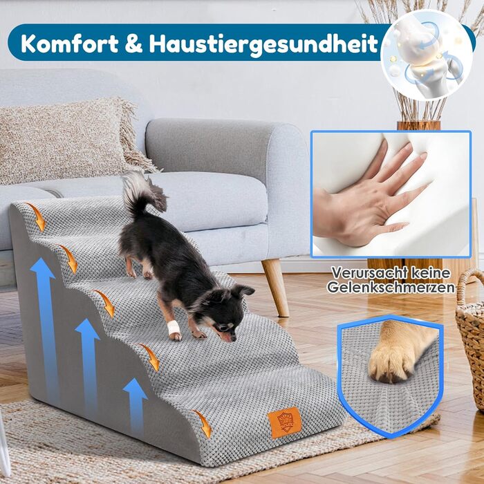 Myiosus Dog Stairs, 2 Steps Pet Stairs, Waterproof Dog Steps Made of Sponge, Non-Slip Dog Ramp for Sofa Bed, Washable Cover Dog Stairs, Portable Cat Stairs (5-Step Dog Stairs, Grey)