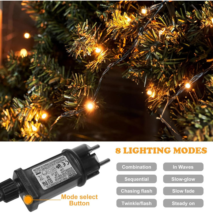 Льодогенератор JSdoin 100/200/300/400/600 LED, вологостійка гірлянда для декору саду, дому, вечірки, ялинки, з таймером, 8 режимів, тепле біле світло, 100 LED