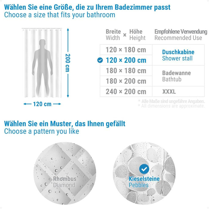 Шторка для душу Ecooe 3D ромби, прозора, 100% EVA, водонепроникна, антигрибкова, 240x200 см, з 16 кільцями, для ванної кімнати, товщина 0,15 мм (200 x 120 см, 1 шт.)