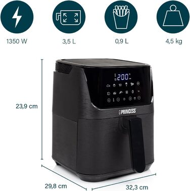 Princess Hot Air Fryer with 3.5 L – 70 Percent Less Energy Consumption – 11 Programs – Airfryer – 182031 3.5L Hot Air Fryer with Recipe Booklet Black