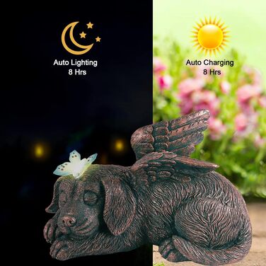 Yeomoo Dog Angel Solar Garden Decorations for Outdoors with Butterfly - Weatherproof Animal Statue Balcony Decor, Sleeping Puppy Solar-Powered Figure Grave Ornament Tombstone, Gifts for Women Mom Copper