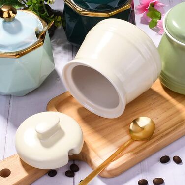 Sugar bowl with lid and spoon, ceramic sugar bowl, multifunctional sugar container, spice container, salt shaker, spice dishes, sugar bowl for the kitchen, storage (yellow)
