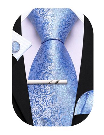 Краватка з шовковим візерунком пейслі Barry.Wang, комплект з кишеньковим хустинкою та запонками, для урочистих заходів та весілля, 3 шт. (Світло-блакитний пейслі)
