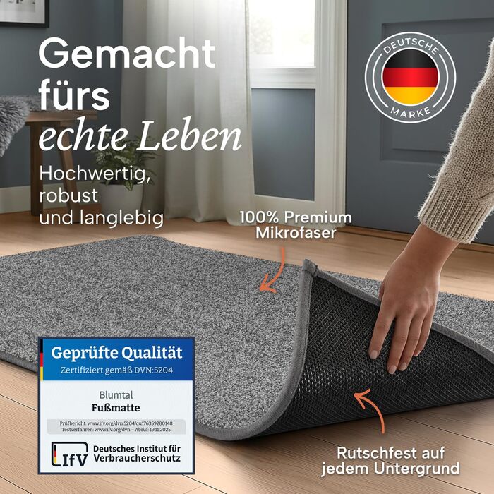 Килимок для входу Blumtal 50x80 см, протибризковий килим з мікрофібри з водонепроникною TPR-підкладкою, протиковзний грязезахисний килимок у приміщення (сірий, прямокутний)