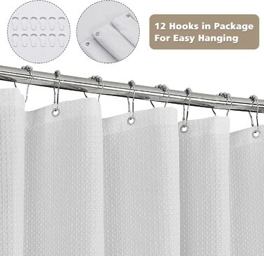 Штора для душу текстильна водонепроникна поліестер 180x200 см, біла з кільцями