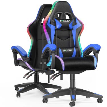 Геймерське крісло Bigzzia з RGB підсвіткою та підголівником, ергономічне крісло для комп'ютера, блакитне LED