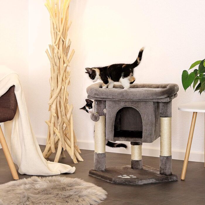 Lionto Scratching Post for Cats with Cave & 2 Plush Balls incl. Bell, Height 60 cm, Cat Tree with Robust Sisal Rope & Soft Plush, Cozy Lying Area, for Small & Large Cats (Dark Grey)