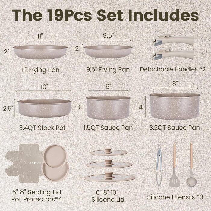 Набір посуду Chef Power Keramik 19 частин, антипригарне покриття, знімний ручка, для індукції, сумісний з духовкою, для кемпінгу, Mocca-Taupe