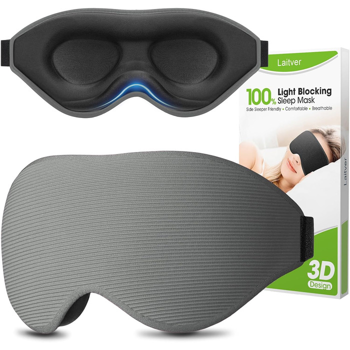 Маска для сну Laitver для тих, хто спить на боці, 2025, 3D, повна світлоізоляція, для жінок та чоловіків, зручна, дихаюча, без тиску, з регульованою гумкою, для подорожей (світло-сіра)