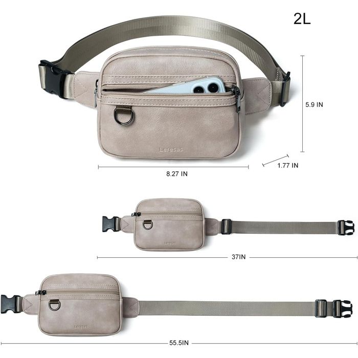 Сумка на пояс для жінок та чоловіків, 2 л, веганська шкіра, коричнева, 8 дюймів, модна, для подорожей, хайкінгу, бігу.