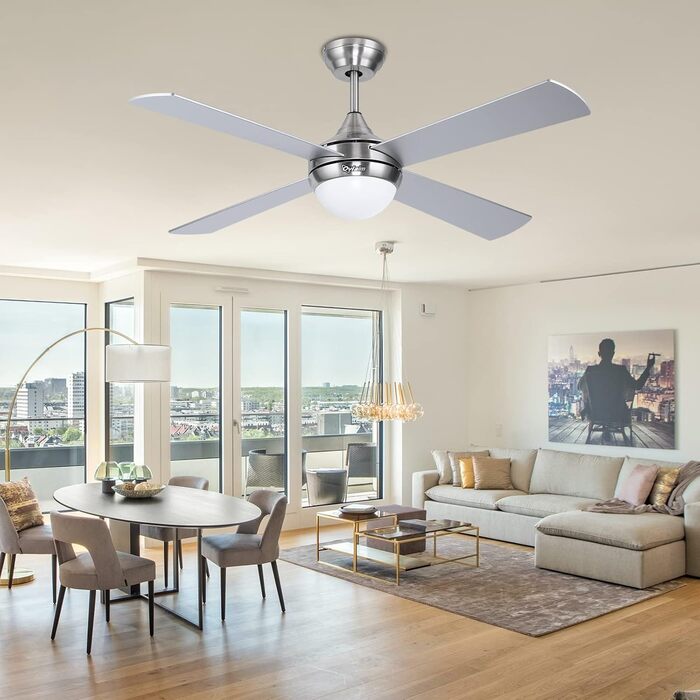 Стеляний вентилятор Ovlaim 122 см з LED-підсвічуванням та дистанційним керуванням, коричнева лампа, 6 швидкостей, DC мотор, тихий, для спальні/тераси (сріблястий)