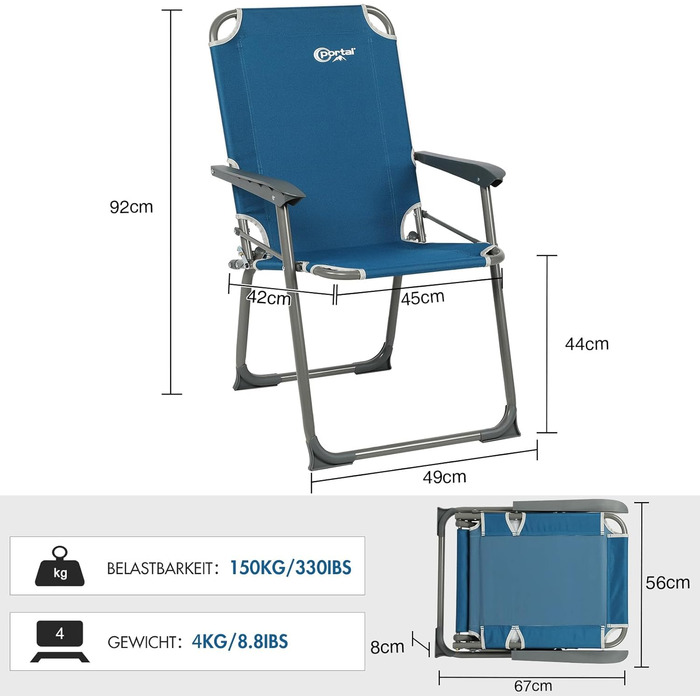 Крісло для кемпінгу Portal: складне, легке, на 150 кг, з високою спинкою, для риболовлі, пляжу, відпочинку на природі (оранжевий, сірий, блакитний)