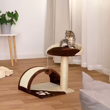 Когтеточка для котів з плюшевою кулькою та аркою, 43 см, м'яка лежанка з плюшу, стійка, із сизалевим канатом для догляду за кігтями, для малих і великих котів, коричнева/бежева