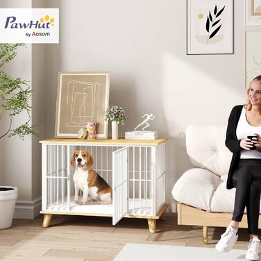 Клітка для собак PawHut з дверима та подушкою, сталева, для дому, середніх собак до 15 кг, 86x60x70 см, колір дуб+білий