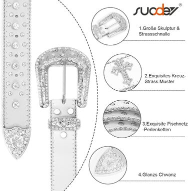 Чоловічий та жіночий шкіряний ремінь SUOSDEY з стразами, ковбойський стиль, 105 см, розмір 71-85 см