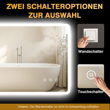 Дзеркало для ванної кімнати з підсвічуванням 80 x 60 см, 3 кольори, регульована яскравість, антизапар, 3x збільшення, розетка для бритви, IP44, для горизонтального/вертикального монтажу