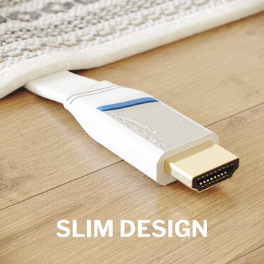 Плоский HDMI кабель KabelDirekt – 2 метри, 4K@60Hz, Ethernet, для Blu-ray, PS5/Xbox Series X/Switch, білий