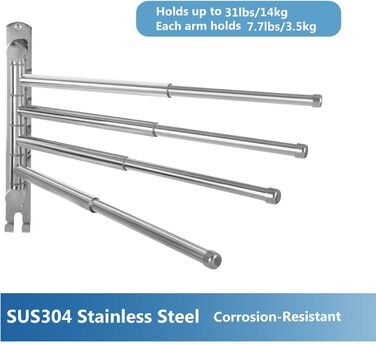 Тримач для рушників JSVER поворотний на 180°, з нержавіючої сталі 304, з 3 висувними рушниками до 50 см, для кухні, ванної кімнати, гардеробу, монтаж на стіну (срібло)
