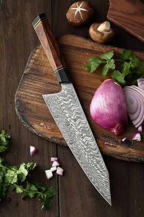 Японський ніж для кухні XINZUO Damaststahl 21.5 см, Kiritsuke, професійний, ручної роботи, з нержавіючої сталі Дамаск, дерев'яний потиск, магнітний чохол, подарункова коробка з акації