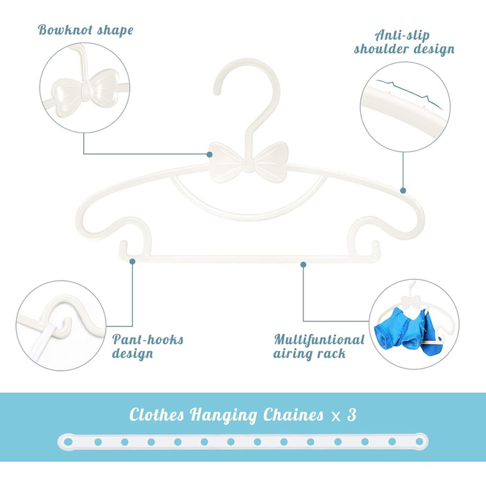 Набір вішалок для дитячого одягу, 40 шт, пластик, неслизькі, ультратонкі, білі - з 3 гумками для дитячої кімнати, одягу для немовлят та малюків, білі