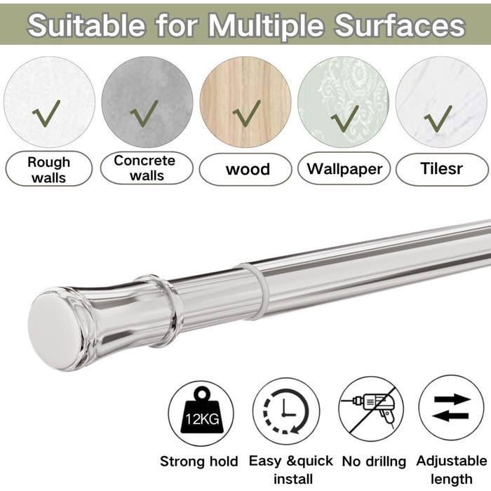 Штанга для душу без свердління та кріплення, телескопічна, 85-180 см, срібна. Підходить для шафи, душової кабіни та DIY-проектів