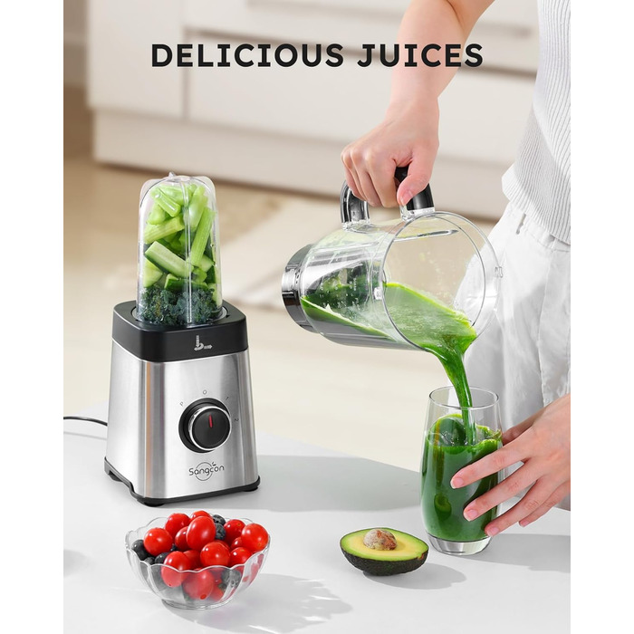 Sangcon 5-in-1 Stand Mixer & Smoothie Maker - 500W Power, 3 Speed Settings, Pulse Function, Glass & Stainless Steel Cups