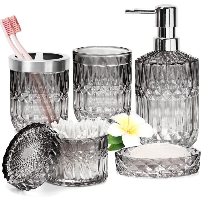 Набір аксесуарів для ванної кімнати зі скла: мильниця, дозатор мила, тримач для зубних щіток, стаканчик та контейнер для ватних паличок. Сучасний дизайн, градієнт, чорний та прозорий колір. Організатор для ванної кімнати.