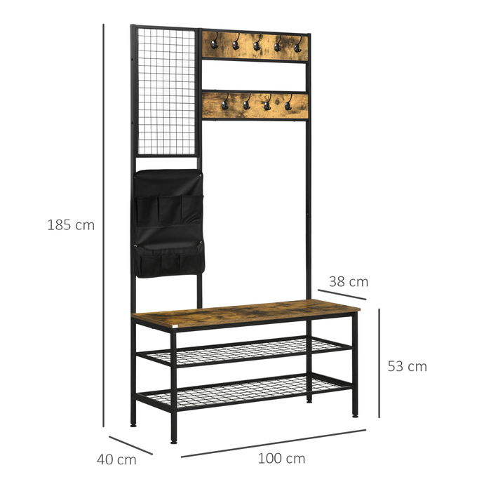 HOMCOM Wardrobe in Industrial Design, 1 Memo Board, 1 Shoe Bench, 8 Clothes Hooks, 1 Storage Bag, Black + Brown