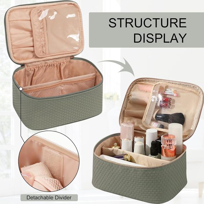 Жіноча косметичка для подорожей, водонепроникна, з відділенням для пензлів, з PU шкіри, велика, зелена (матічас)