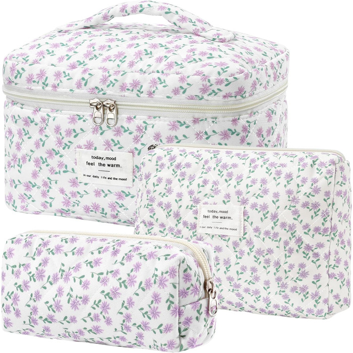 Набір косметичок 3 шт. з квітковим принтом для жінок та дівчат | Косметичка для подорожей та повсякденного використання | Набір косметичок з вишивкою (фіалково-павлинний)