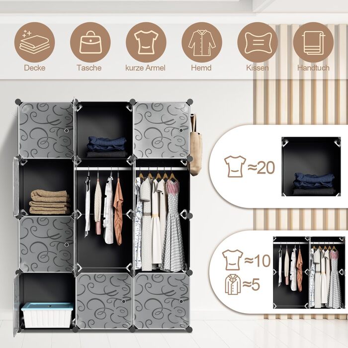 DIY Closet Shelf System, 16 Cubes Wardrobe Closet, Open Wardrobe, Plastic Wardrobe with Doors, Wardrobe Cabinet, Black, 180 x 142 x 37CM (Black 12 Cubes with Clothes Hooks)