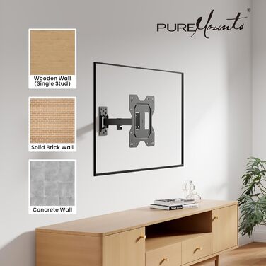 Кріплення для телевізора PureMounts - настінне, поворотне, нахилене, універсальне, VESA 200x200, для телевізорів 23-43 дюймів, до 30 кг, чорний, без шарнірного кріплення