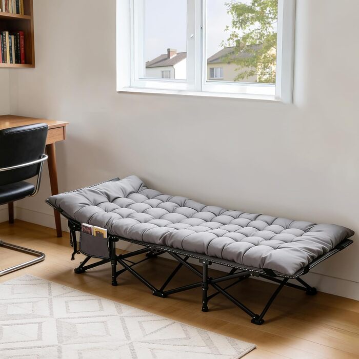 Ліжко похідне Sekey XXL 190x71x35 см з матрацом, сталеві труби, Oxford тканина - для кемпінгу та гостей сіре