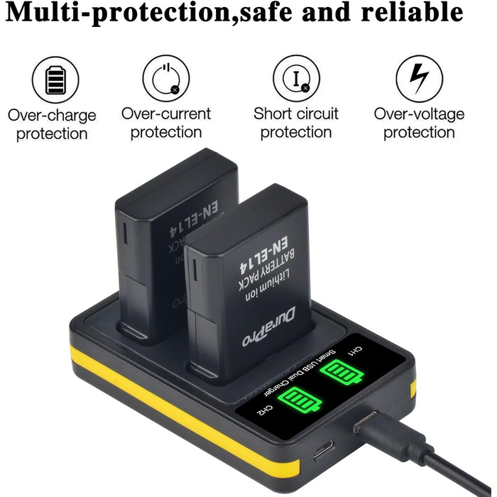 Акумулятор DuraPro EN-EL14 + LED Зарядний пристрій для Nikon P7800, 7700, 7100, 7000, D5600, D5500, D5300, D5200, D5100, 3000, D3400, D3300, D3200, D3100, DSLR