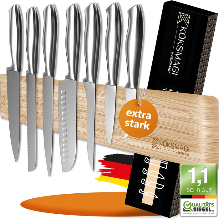 KÖKSMAGI® Bamboo Magnetic Knife Strip (40 cm) - magnetic knife rack with extremely strong magnet for heavy knives - self-adhesive (3M adhesive tape) & with drilling accessories