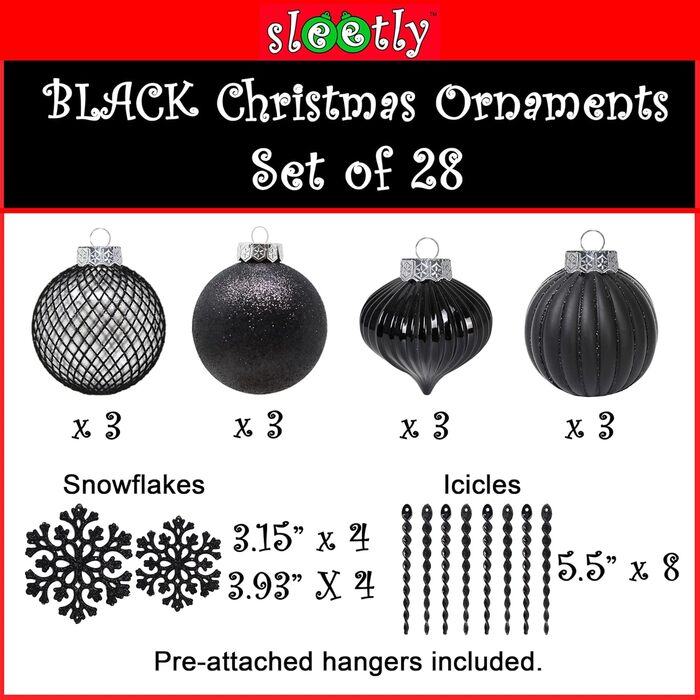 Чорні новорічні прикраси SLEETLY 28 шт. - кулі, льодинці, сніжинки. Стійкі до пошкоджень, пластикові