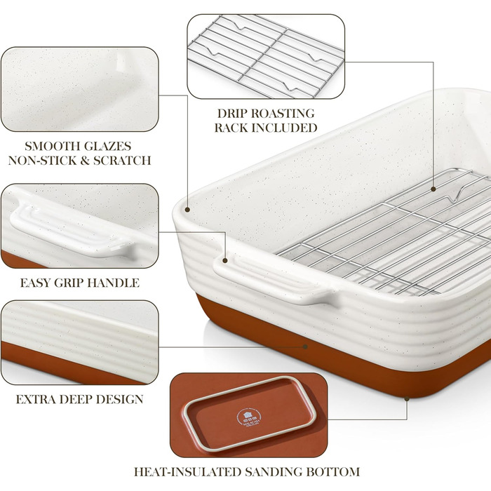 Форма для запікання MALACASA Serie TARA, 4.5л, кераміка, прямокутна, стійка до подряпин | Для лазаньї, тірамісу, запіканок 35*23.8 см (з решіткою)