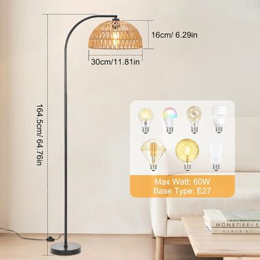 Стельова лампа Winverty для вітальні з полицею, 3 лампочки, вінтажний стиль, регульована висота 1.66м, Е27, з абажуром з льону, з вимикачем на ніжці