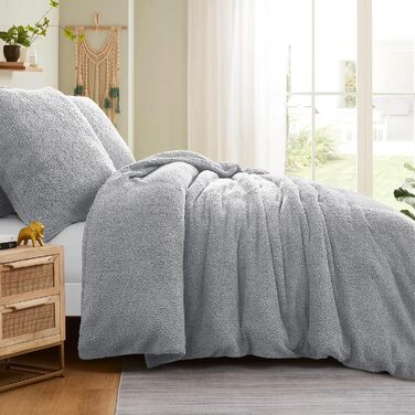 Aisbo Warm Bedding 135x200 4-Piece - Fluffy Teddy Fleece Winter Bedding 135 x 200, Plush Bedding Sets 135x200cm Duvet Cover with Zipper Closure Winter Grey