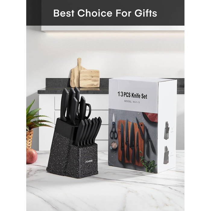 FOHERE 13-Piece Stainless Steel Knife Set with Block & Sharpener - Ergonomic Black Granite Handles
