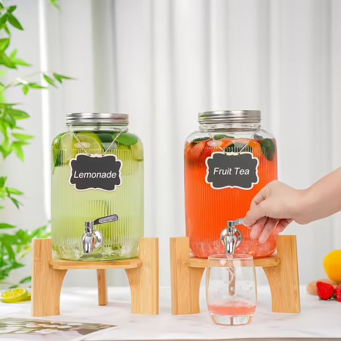 2-Piece 4L Glass Drink Dispensers with Spigot, Stand, and Stainless Steel Tap - For Parties, Cocktails, Juice, Water, and Beverages