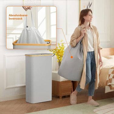 Кошик для білизни Lifewit 65 л, вузький, складаний з кришкою та мішком, бамбуковий, з ручкою, для квартири, гуртожитку та кемпера, сріблясто-сірий