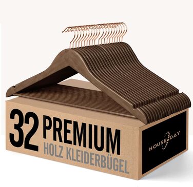 HOUSE DAY Wooden Clothes Hangers, 32 Pack, Walnut Wood Hangers, Walnut Clothes Hangers, Wooden Hangers, Clothes Hangers, Stable Clothes Hangers, Swivel Clothes Hangers, 44.5cm Wide, with Notch, Roségold Hook