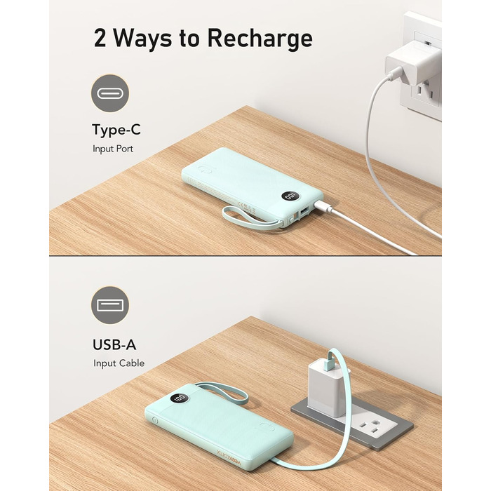 Портативний зарядний акумулятор Power Bank 10000mAh з LED дисплеєм та інтегрованими кабелями. Сумісний з iPhone, iPad, Samsung, Xiaomi, Google Pixel. Колір: блакитний