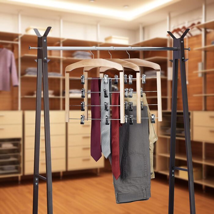 9 x Rock Hangers, Trouser Hangers Wood, 360° Swivel Hook, Clothes Hangers Non-Slip, HBT 45.5x39x2.5 cm, Silver/Natural