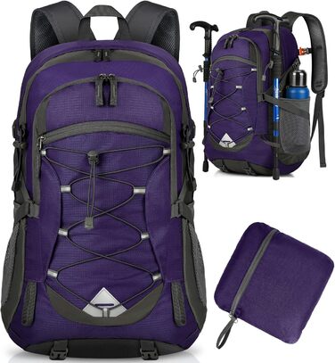 IGOLUMON Hiking Backpack for Men and Women, 40L Waterproof Backpack, Lightweight Foldable Travel Backpack, Trekking Backpack with Reflective Stripes, for Cycling, Climbing, Mountaineering and Travel Sports (Purple)