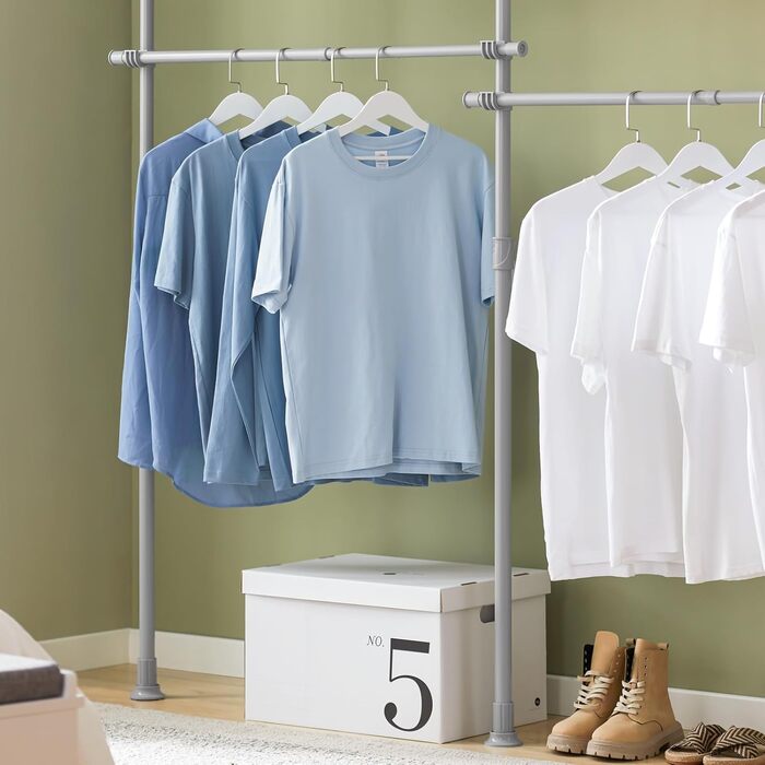 SoBuy KLS03-SCH Clothes Rack Coat Rack with 4 Clothes Rails Telescopic Wardrobe System Adjustable Shelf System Bra Approx. 124-226x200-285cm (Light Grey)