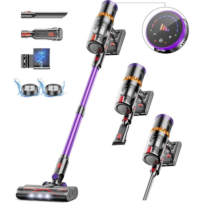 Бездротовий акумуляторний пилосос 50000Pa/580W, 70 хвилин роботи, об'єм 1.6л, з автоматичним регулюванням потужності, LED дисплеєм, антизаплутана щітка, док-станція для стін, тихий, для шерсті тварин, твердих поверхонь, килимів, авто