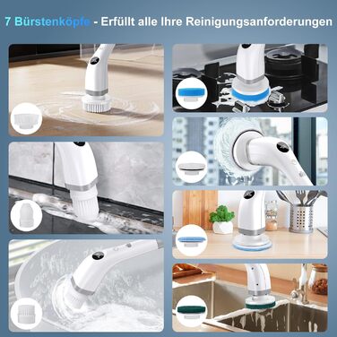Електрична щітка для прибирання 7 в 1 з регульованою ручкою, змінними насадками, 2 швидкості, для ванної, плитки, IPX7, білий/сірий
